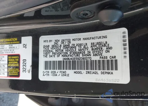 2009 Toyota Corolla Xle z USA, uszkodzony, nr VIN 1NXBU40E59Z090070